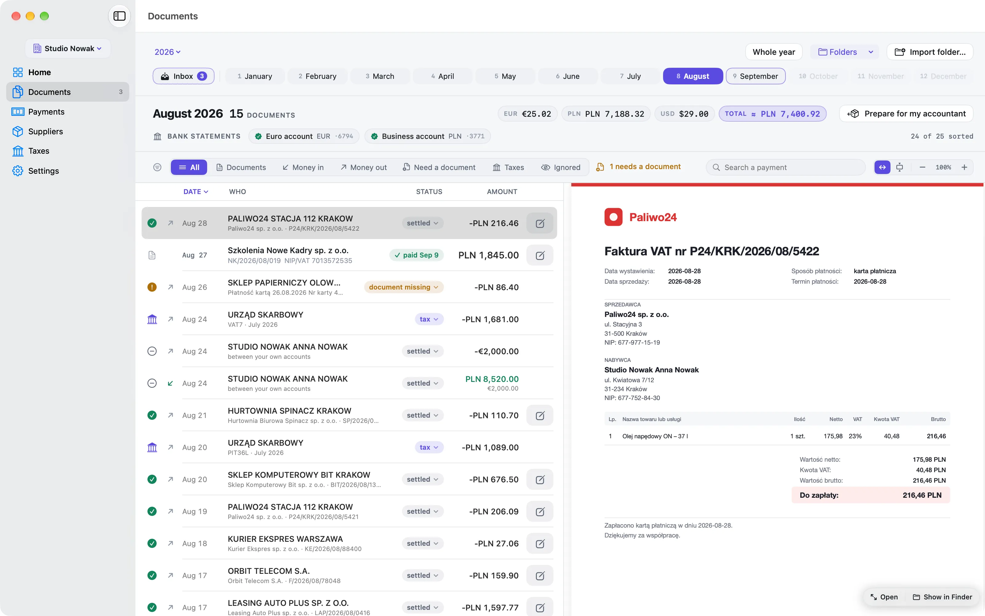 A month in Komplet: every payment next to the document that explains it, with a preview of the invoice.