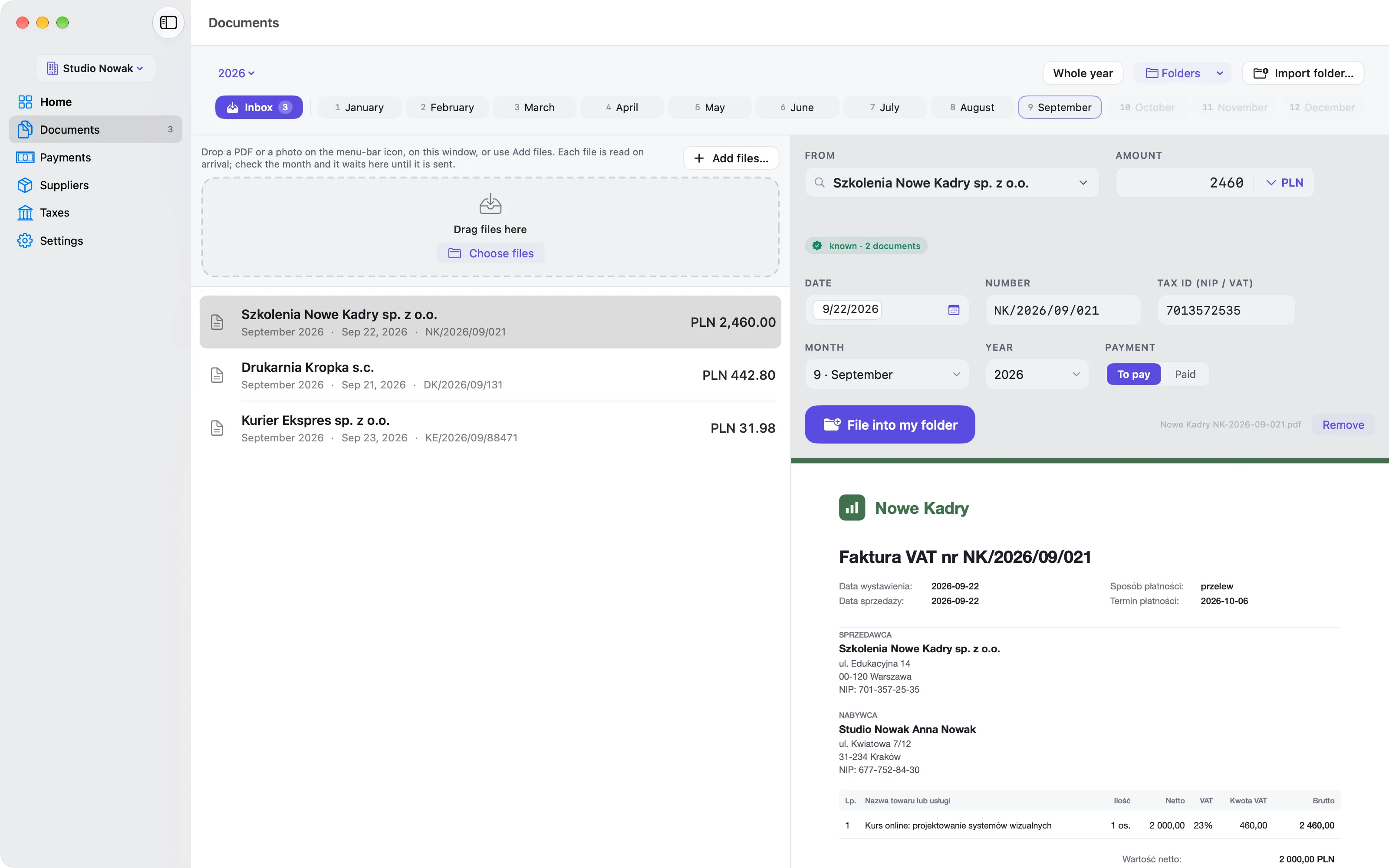 Komplet’s inbox: an invoice with the seller, NIP, number, date and amount read from it, ready to file.
