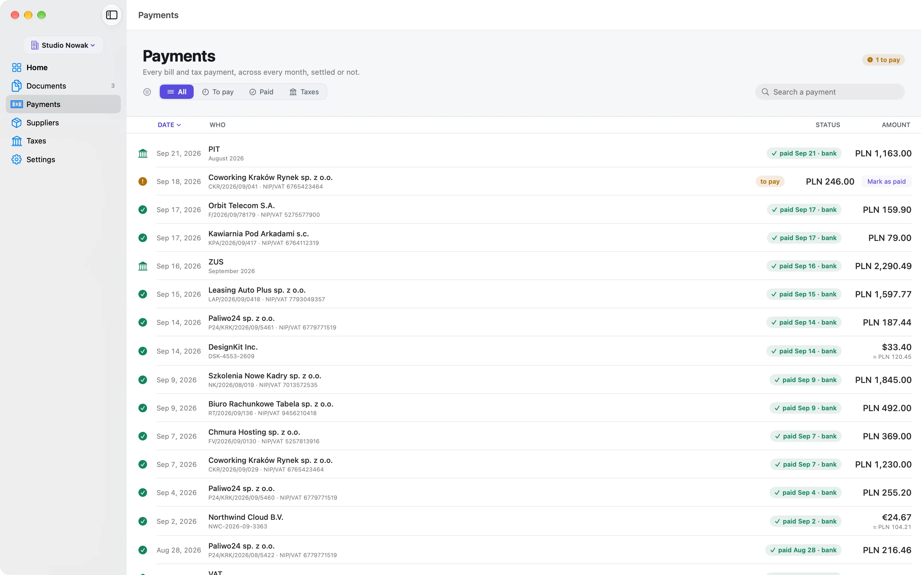 Komplet’s payments list: cost documents and tax payments across months, paid ones in green.