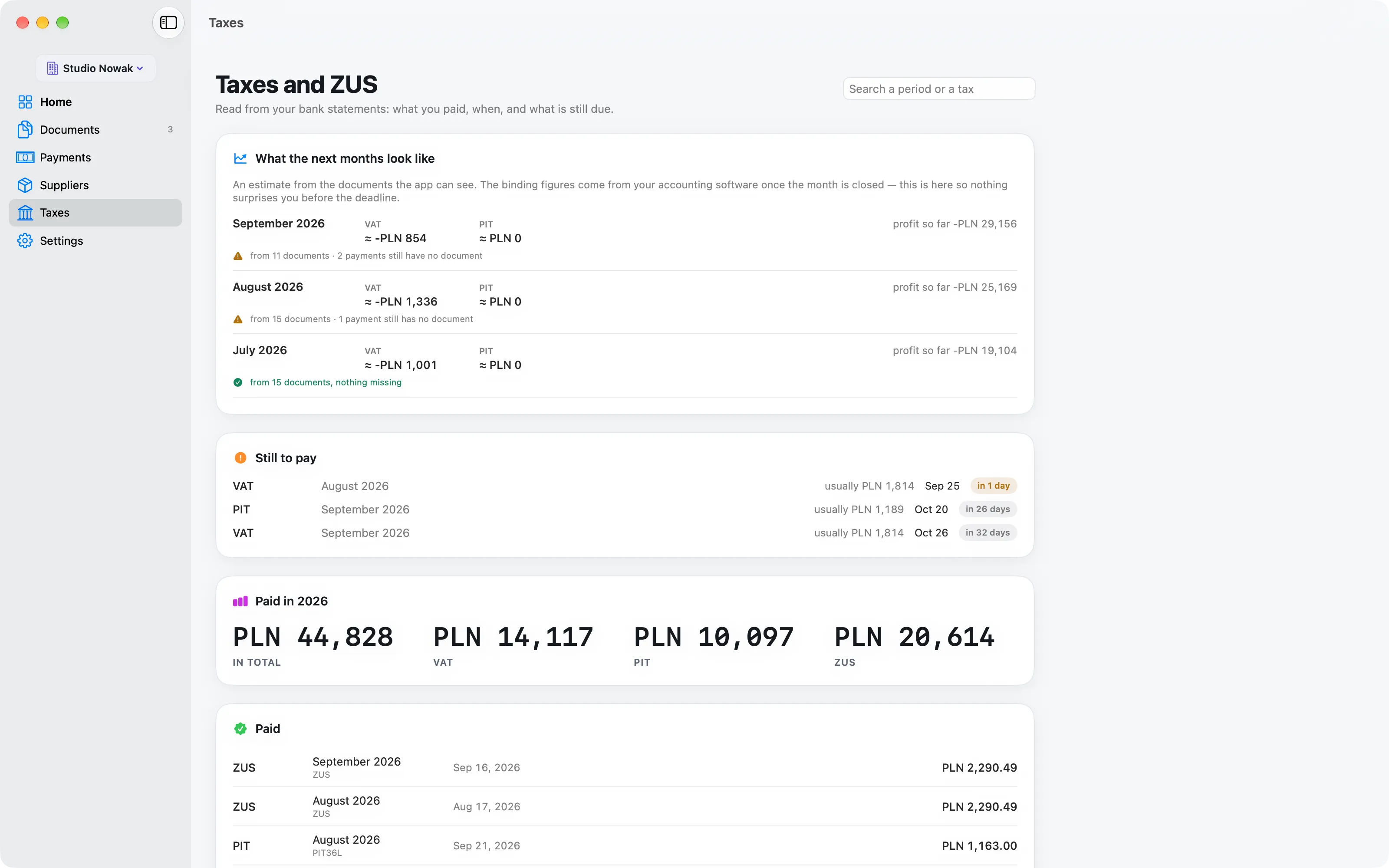 Komplet’s taxes screen: ZUS and income tax payments grouped by period, with the dates they were paid.